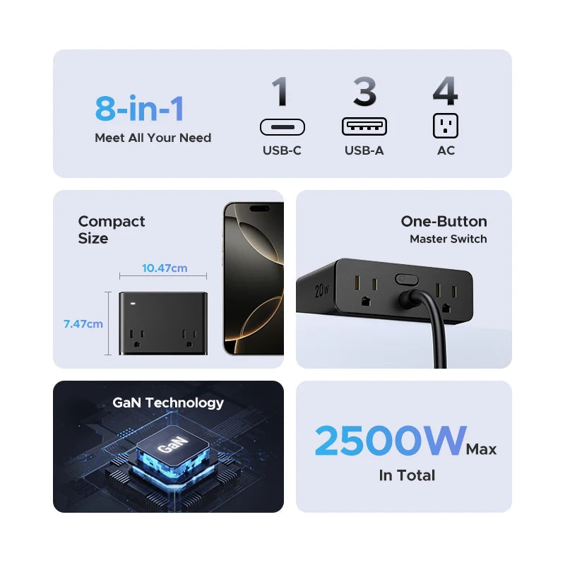 6in1 Power Strip UK/US Plug 2 AC 3 USB-A 1 USB-C 2990W 13A 250V Surge Protector