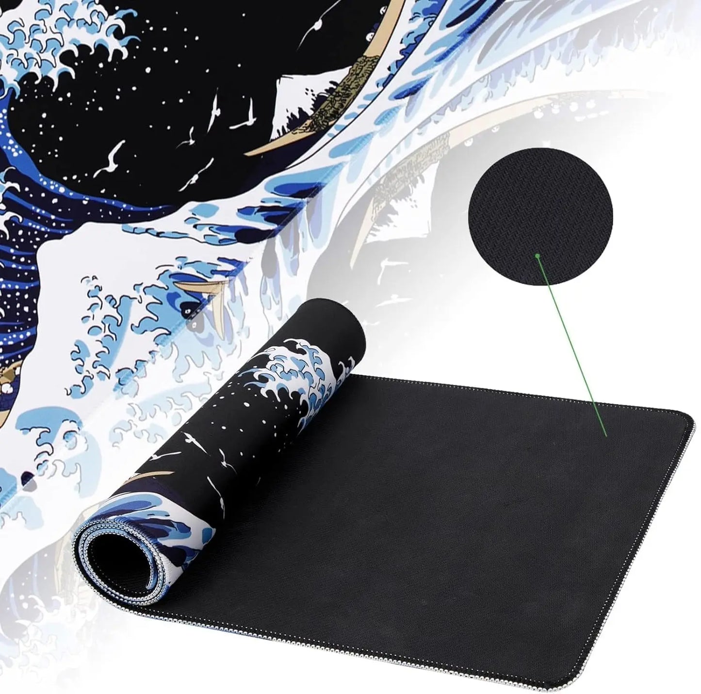 Gaming Mouse Pad for Desk,Large Wave Mousepad Laptop,Black Japanese Anime Mouse Mat,Keyboard Pads Non-Slip for Game Office Home