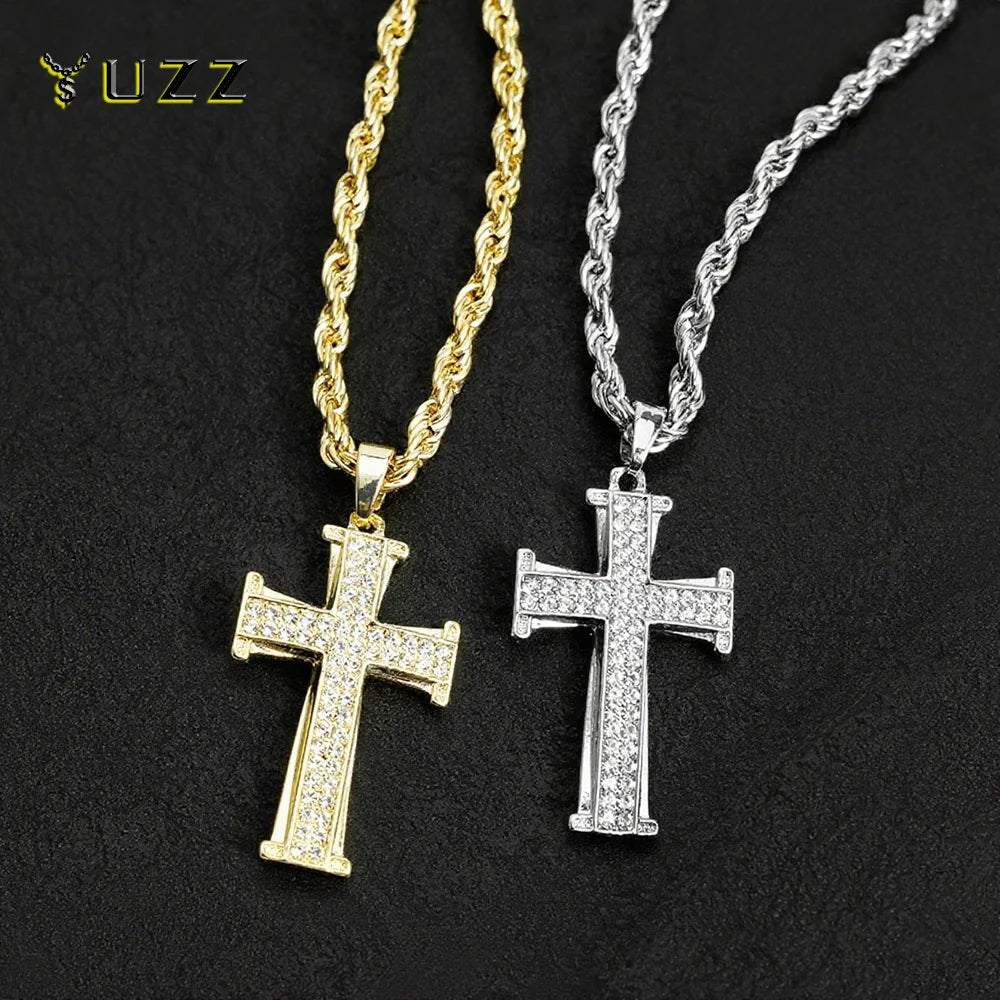 Hip Hop Mens Women Cross Pendant Necklace With 4MM Rope Chain Iced Out Bling Cross Pendant Necklaces Hip Hop Couple Jewelry Gift