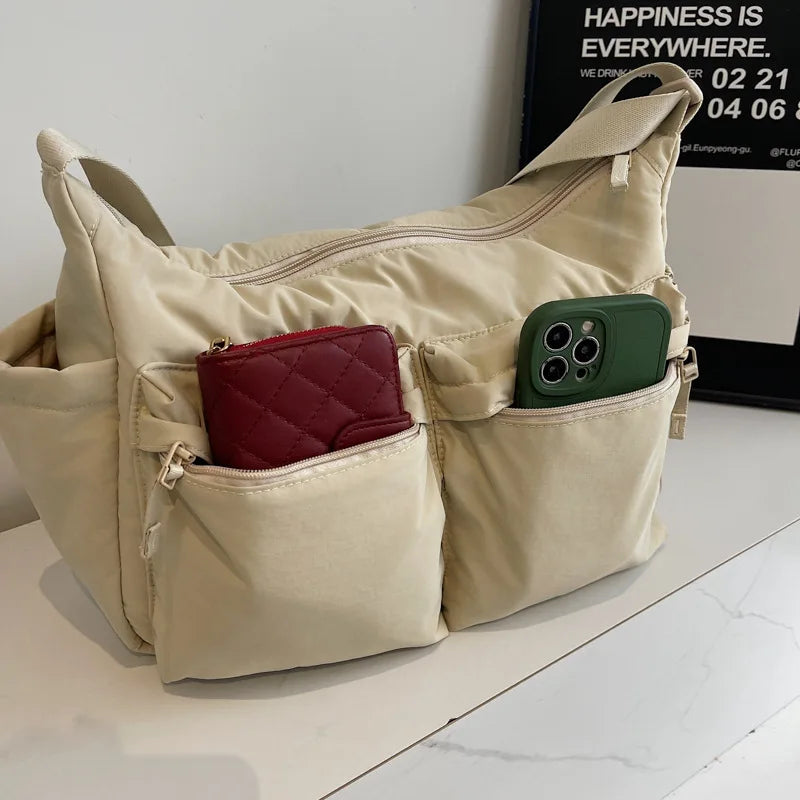 White Casual Work Style Waterproof Nylon Crossbody Shoulder Bag W/Large Capacity