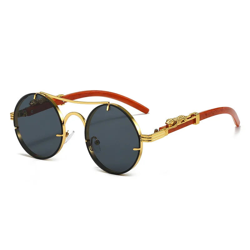 Unisex Retro Round Lens Metal Leopard Imitation Wood Grain Temple Design Fashionable and Trendy Decorative Glasses