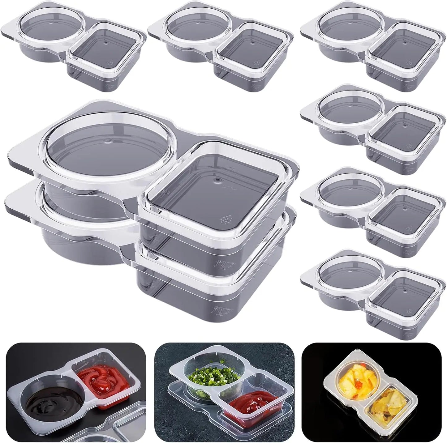 Double Compartment Condiment Containers with Lids, Disposable 2 Compartment Portion Cups Reusable Plastic Snack Container