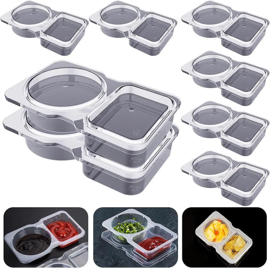 Double Compartment Condiment Containers with Lids, Disposable 2 Compartment Portion Cups Reusable Plastic Snack Container
