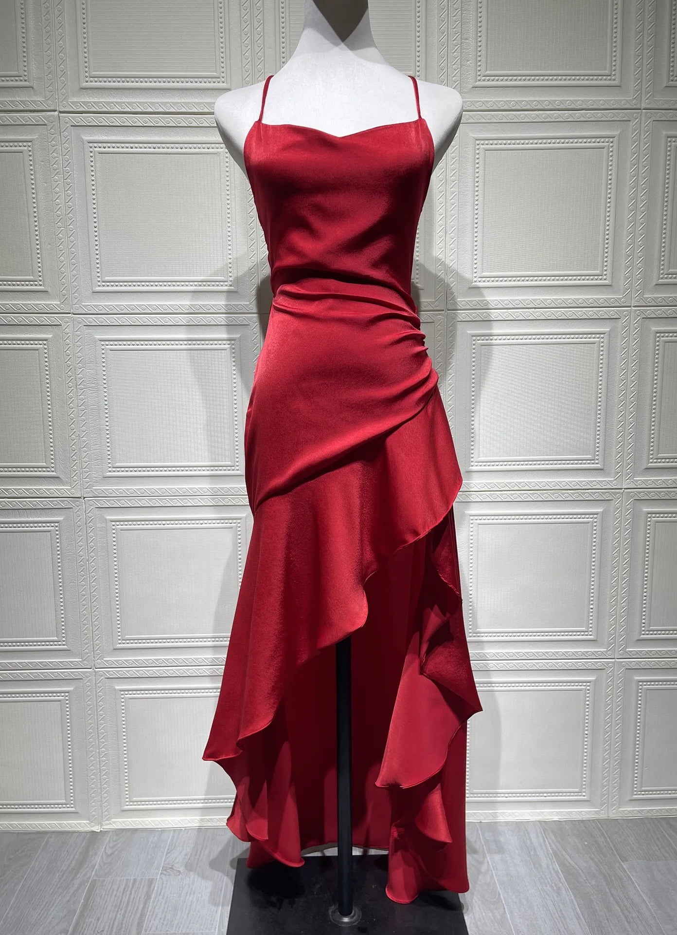 Summer Top Sexy Women's Straightening Strap Back Ruffle Irregular Satin Red Dress