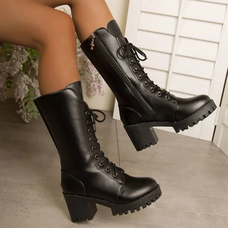 Fashion Lace Up Thick Heels Mid Calf Boots Women Plus Size 43 Black Pu Leather Long Boots Woman Autumn Winter High Heeled Botas