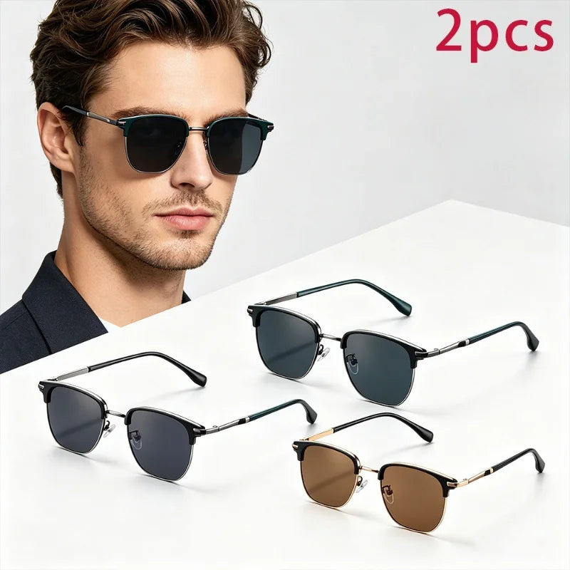 2pcs Vintage Semi-Rimless Men's Sunglasses Unisex Sunglasses Functional Line Design Protection SunglassesSuitable for Daily Wear