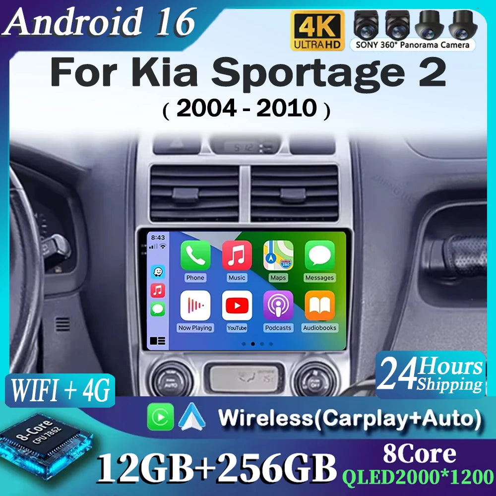 For Kia Sportage 2 2004 2005 2006 2007 - 2010 2K 12+256 QLED Android 16 CarPlay Car Radio Multimedia Video Player GPS stereo 4G