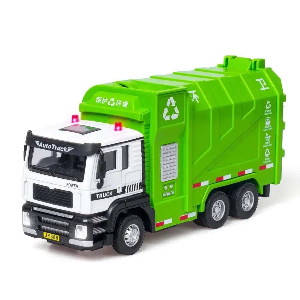 1/50 Sanitation Truck Model Car Toy Alloy Diecast Sprinkler Truck Rubber Tires Sound Light Pull Back Toys Festival Gift for Kids