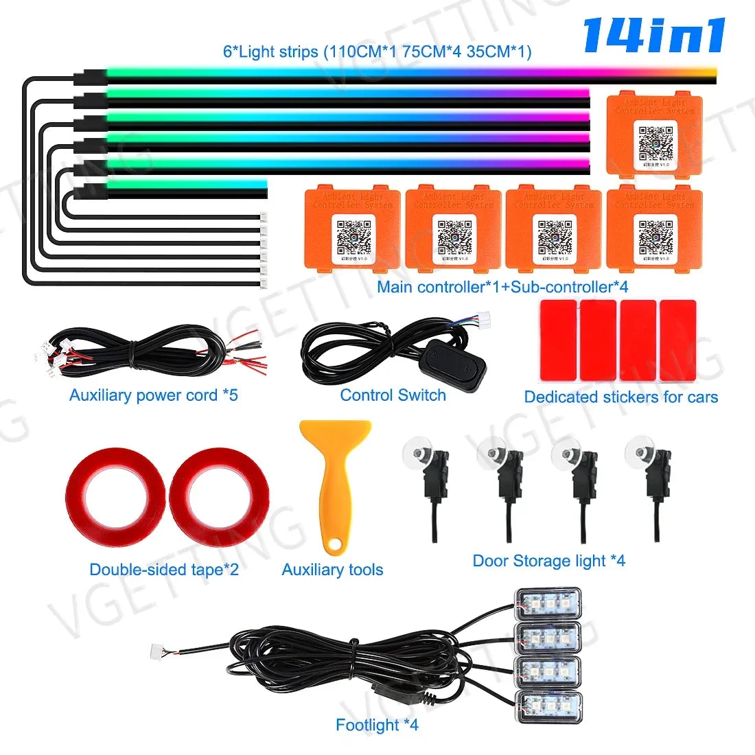 Vgetting 18 in 1 Car Ambient Lights Dual Zone Symphony RGB LED Interior Acrylic Strips Atmosphere Light Button APP Control 12V