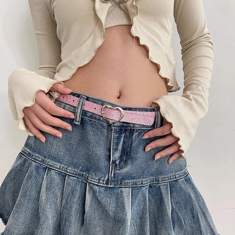 Y2k Thin Waist Belt With Pink Heart Decoration Millennium Sexy Girl Style Subculture Belt For Women 2025 New Korean Version