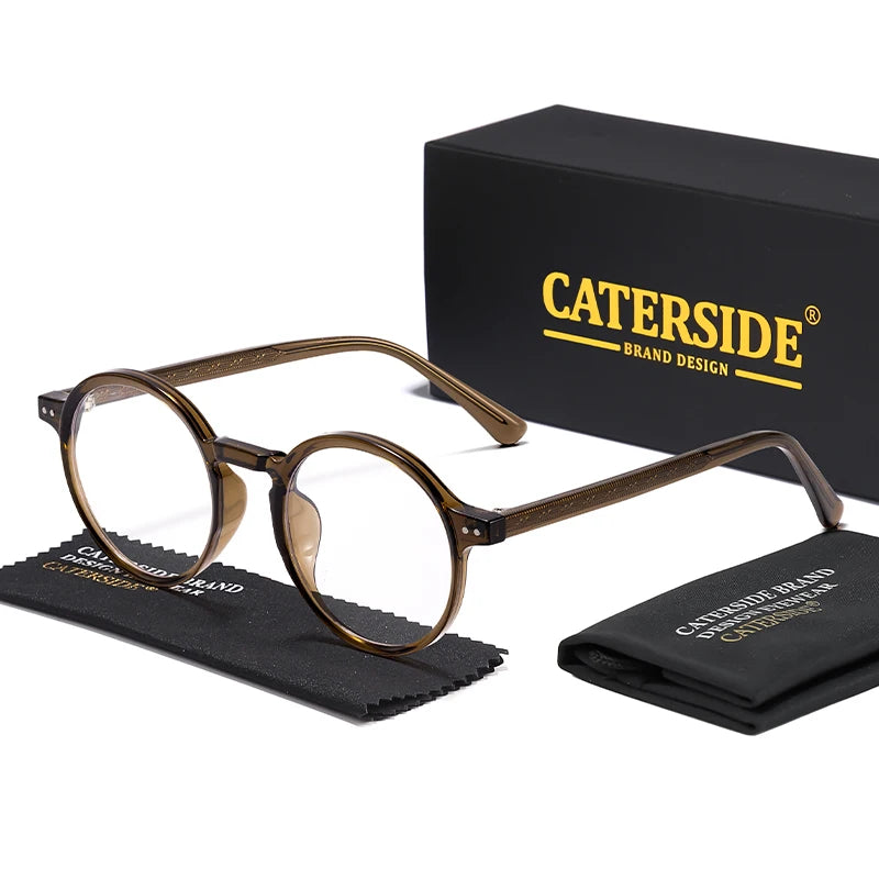 CATERSIDE Retro Men Glasses Round High Quality TR90 Frame Prescription Eyewear Frame Women Zero-Power Lens Computer Glasses
