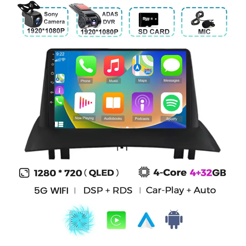 For Renault Megane 2 2002-2009 2K QLED Android 15 Android Car Radio Multimedia Video Player GPS Stereo CarPlay 4G Navigationv BT