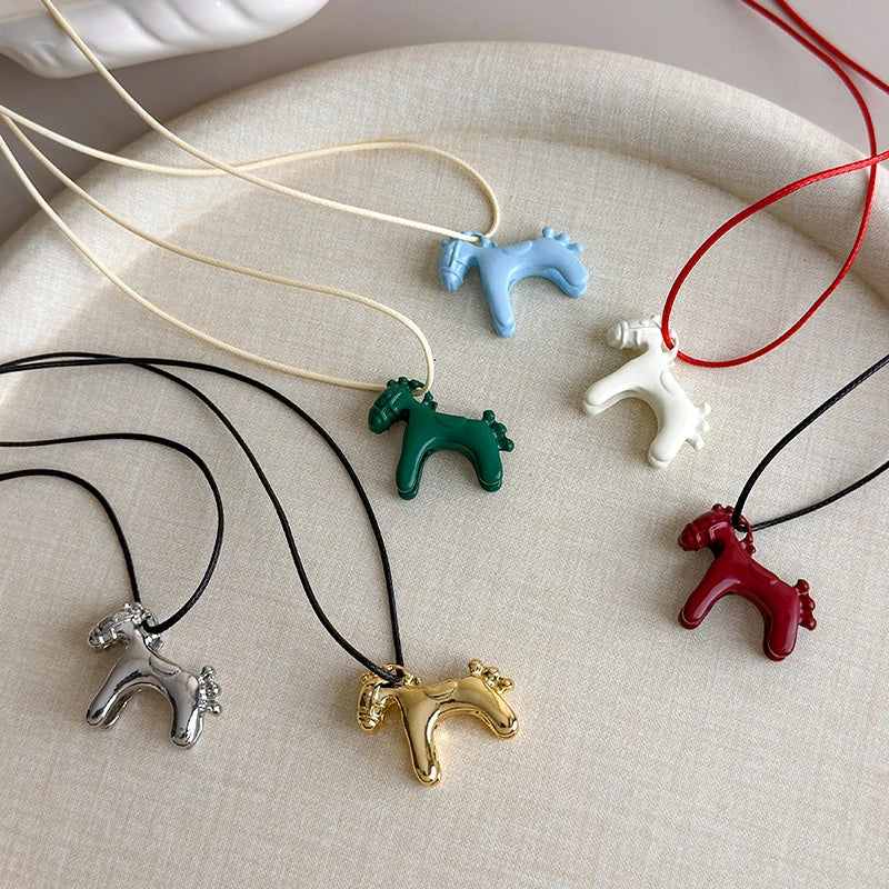 Funny Cartoon Colorful Horse Pendant Necklace for Women Adjustable Black Wax Rope Long Sweater Chain Accessories Fashion Jewelry