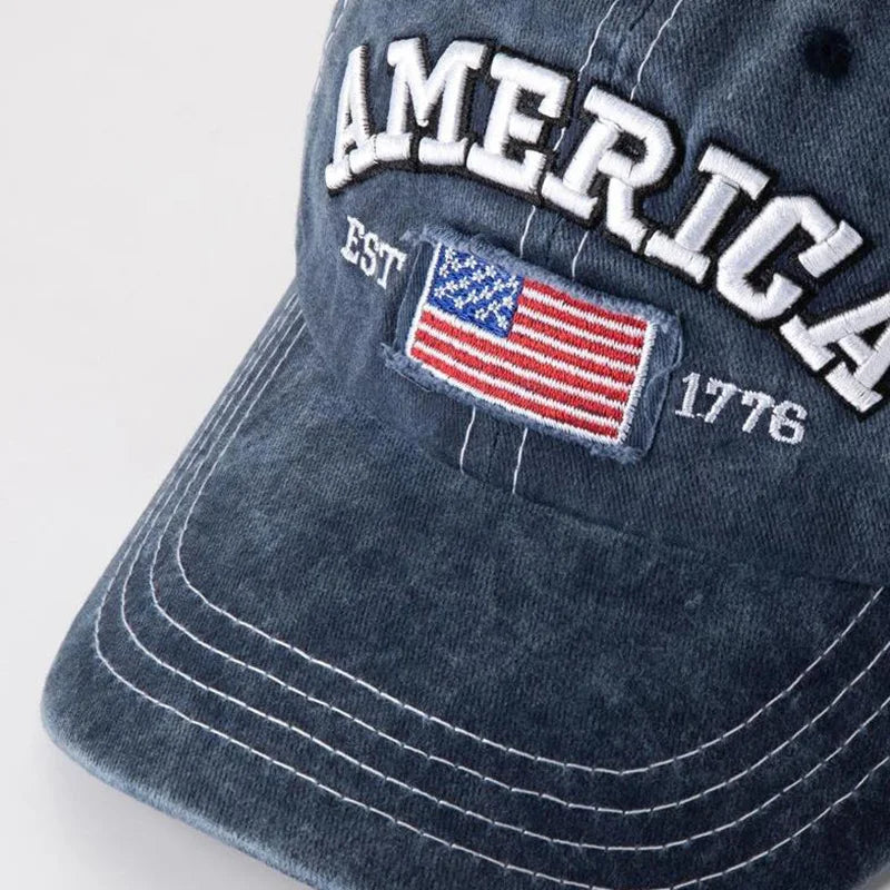 Vintage USA Flag Embroidered Baseball Cap - Bold Letter Distressed Wash Sun Hats