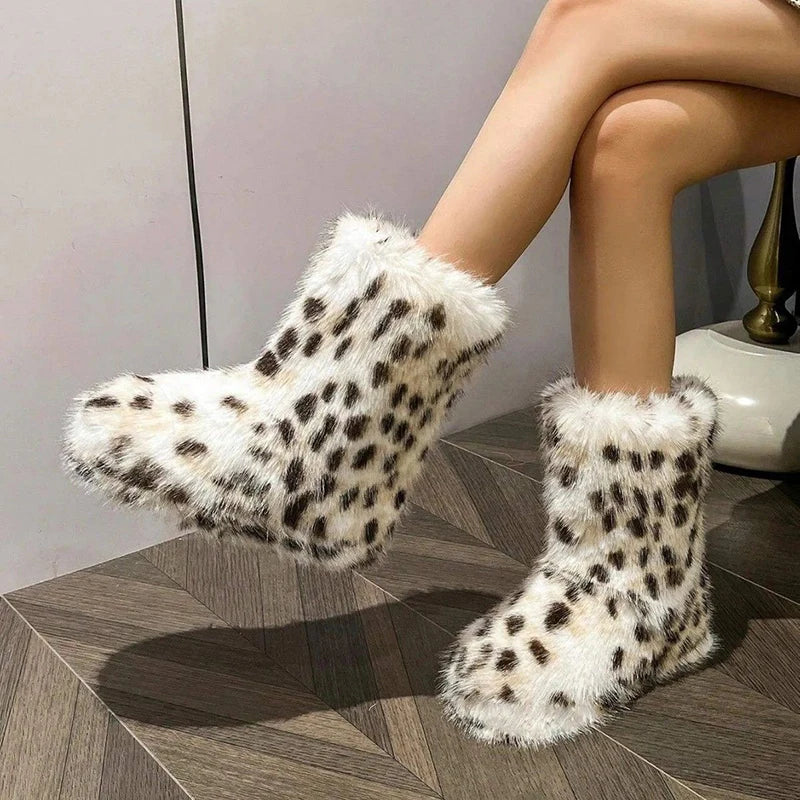 Fashion Leopard Fuzzy Faux Fur Snow Boots Women 2025 Slip On Anti Slip Winter Boots Woman Thick Sole Warm Plush Short Booties