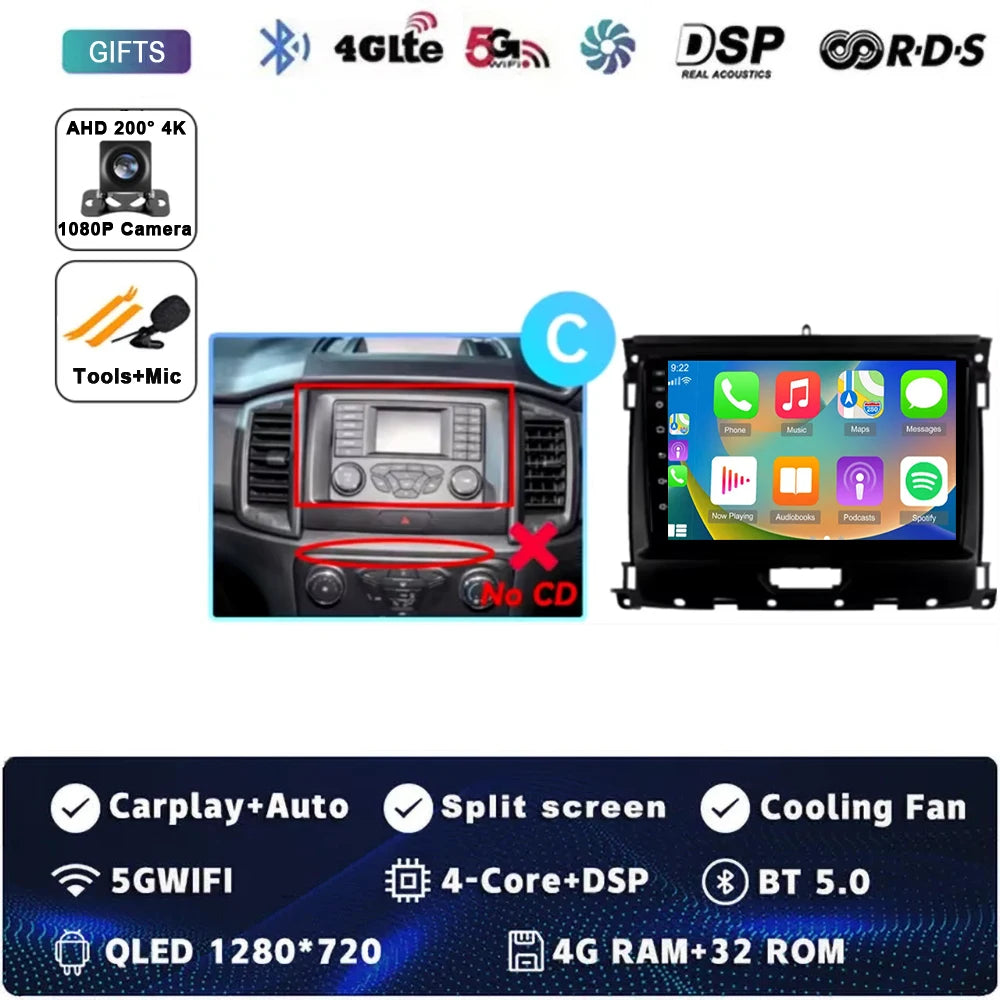 For Ford Ranger 2015 2016 2017 2018 2019-2022 Android 16 Car Radio Stereo QLED Screen GPS Multimedia Carplay Autoradio Head unit