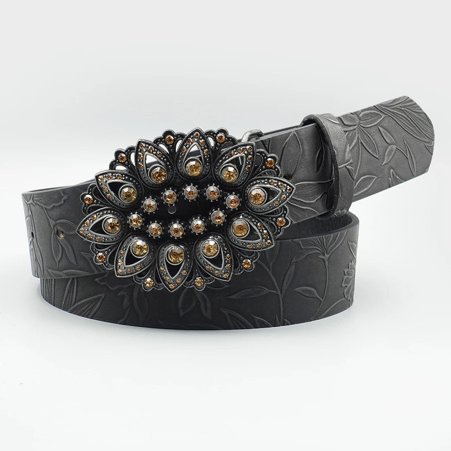 Elegant Retro Black Rhinestone Inlaid Women's Belt with Leaf Pattern Printed Belt, Classic Decoration, Fashionable Casual Belt