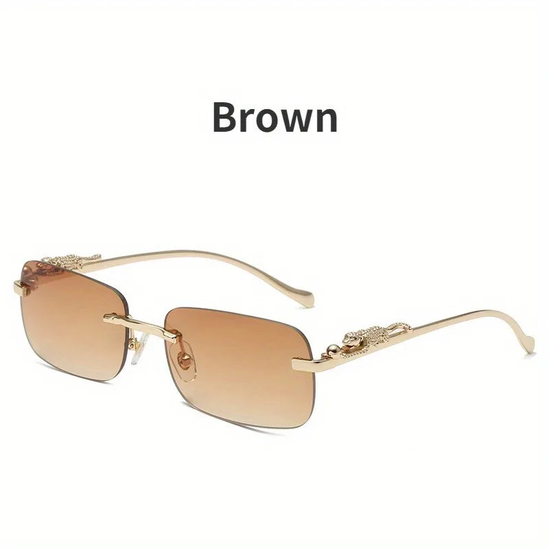Frameless Rectangular Fashion Glasses for Men and Women Luxurious Design with Gold Metal Border Leopard Head Buckle