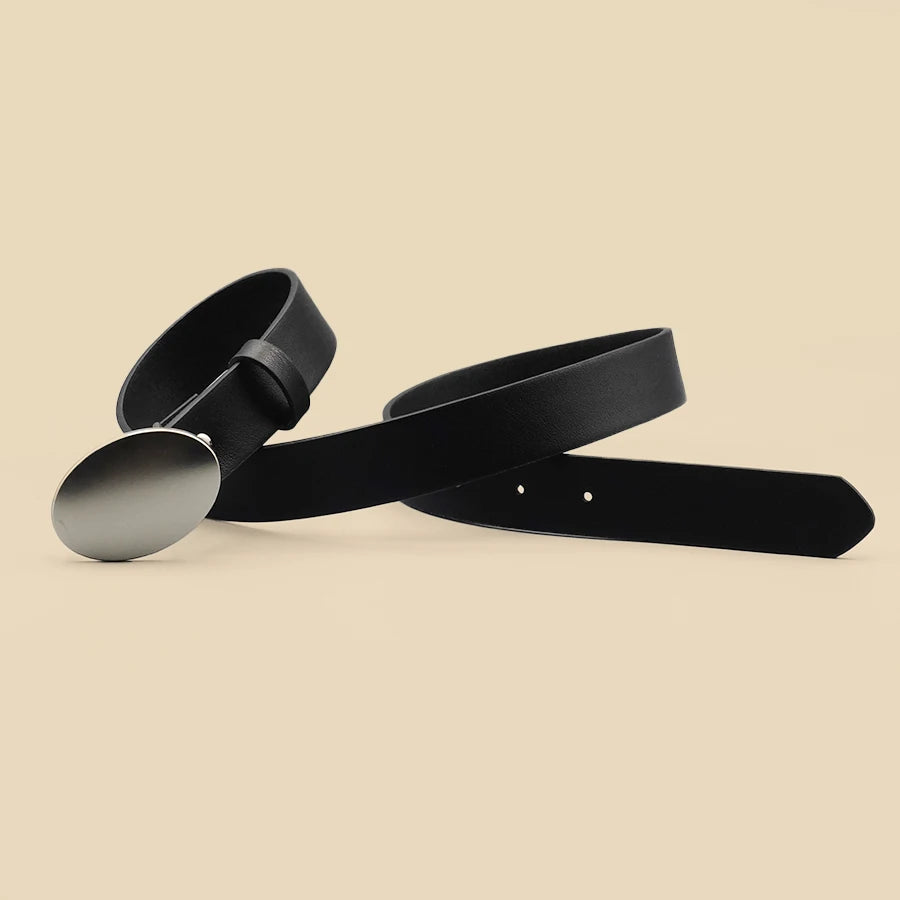 Oval Smooth Metal Buckle Belt, Black Casual Minimalist Belt, Classic Decorative Belt