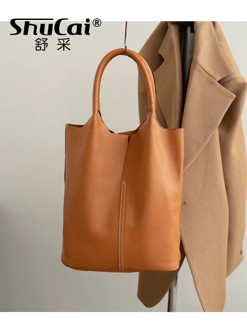 Genuine Leather Tote Bag, Soft Cowhide Shoulder Handbag, Large Classy Women Bag
