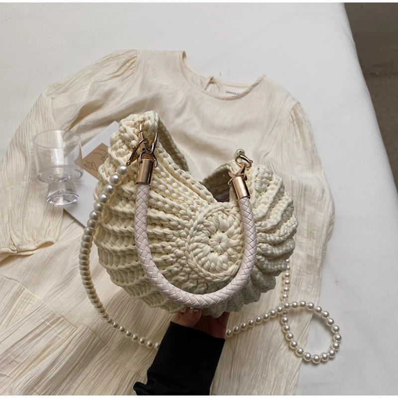 Milk White Shell Knit Crossbody Shoulder Bag Pearl Chain Woven Women Classy Bag