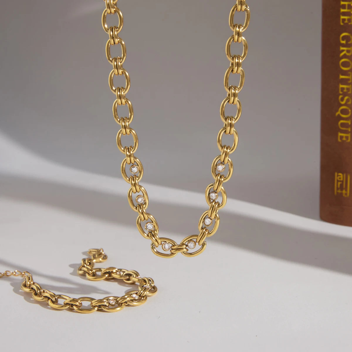 Uworld Delicate Zircon Chunky Chain Necklace Bracelet For Women Minimalist 18K Gold PVD Plated Stainless Steel Necklace Bracelet