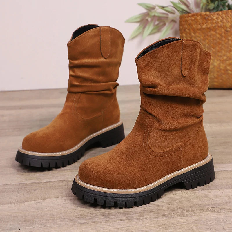 Plus Size 43 Flock Platform Ankle Boots Women Slip On Thick Sole Pleated Short Booties Mujer Anti Slip Autumn Winter Boots