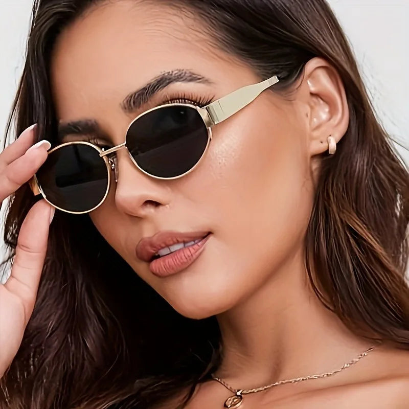 Women's Retro Oval Golden-Tone  Stylish Decorative Eyewear for Casual Formal Outfits