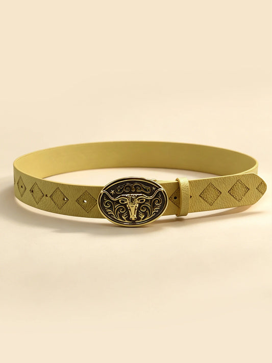 Western Bull Head Engraved Belt, Beige Diamond Embossed Gold Buckle Unisex Cowboy Waistband