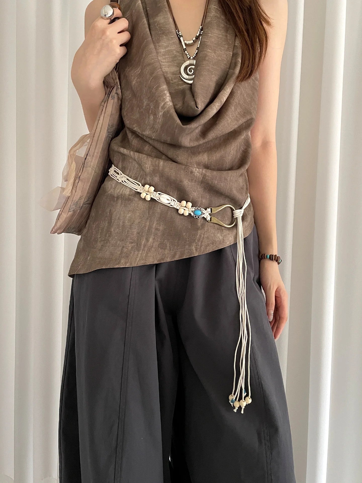 Bohemian Woven Shell Beads Brown Waist Rope Female Minority Retro Ethnic Style With Skirt Thin Waist Belt Accessory