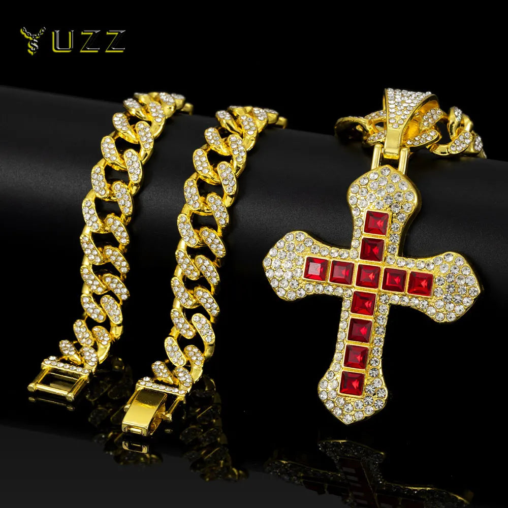 New Iced Out Bling Cross Pendant Necklace Rectangle Rhinestone Red Charm Hip Hop Men Cuban Chain Party Jewelry Accessories Gift