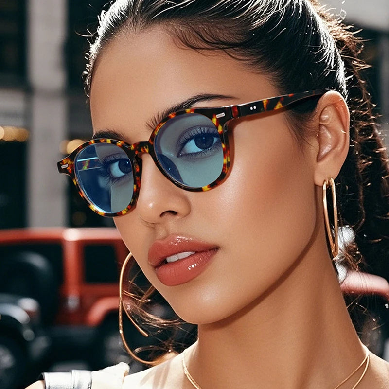 JNPCXI Vintage Round Rivets Punk Sunglasses Women Leopard Blue Shades UV400 Fashion Clear Ocean Lens Men Sun Glasses