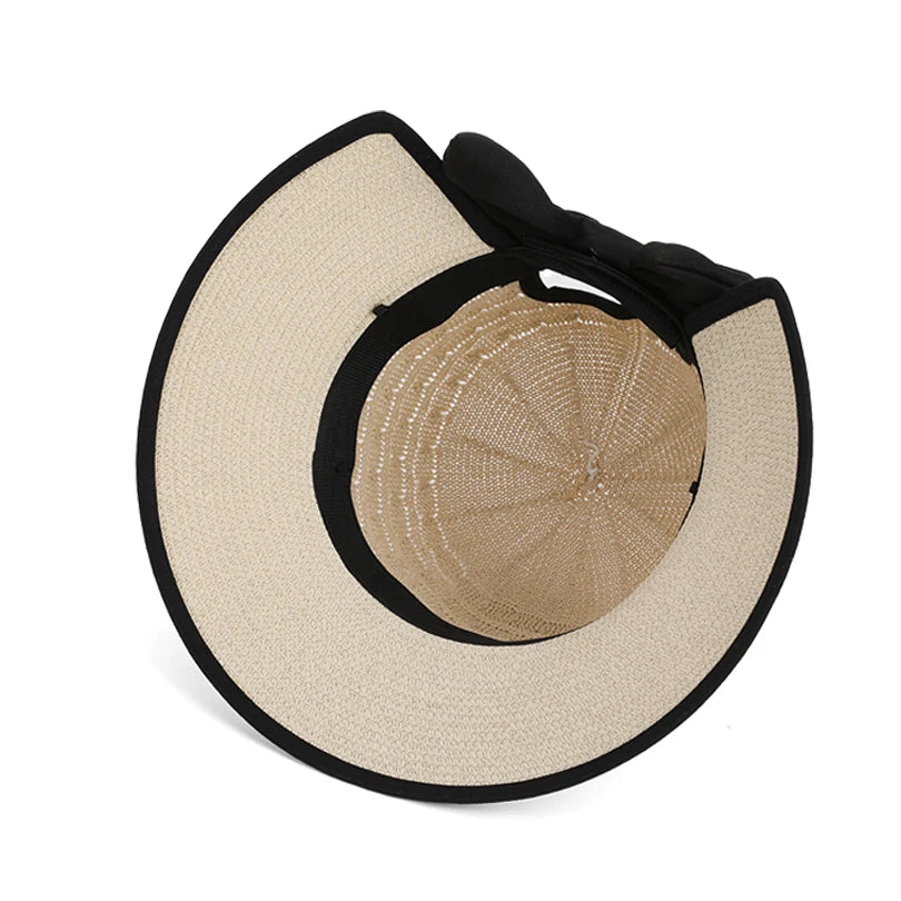 8484Summer hat girls' versatile bow-tied ponytail hole large eaves straw hat, outdoor outing sun hat