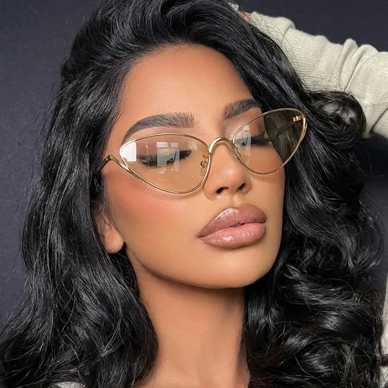 JNPCXI New Metal Cat Eye Women Sunglasses Fashion Clear Ocean Lens Gold Shades UV400 Men Trending Punk Sun Glasses