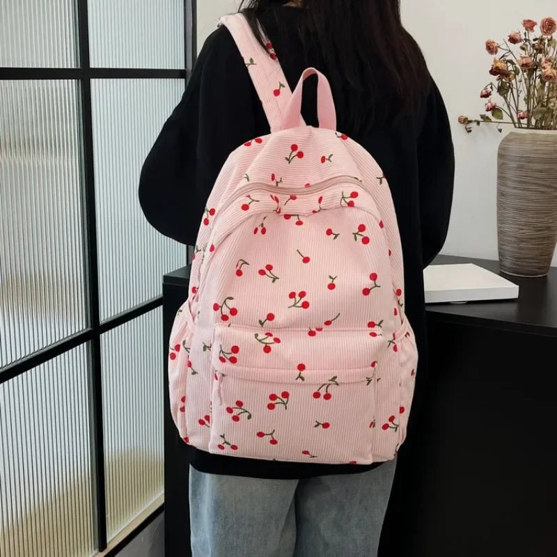 Corduroy Backpack Cherry Pattern Women Travel Daypack Adjustable Strap Laptop Backpack Zipper for Work Shopping School mochilas