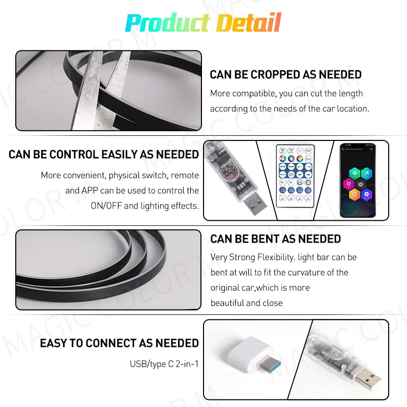 2in1 Car LED Ambient Light USB 64 Colors Acrylic Strips Full Colors RGB Car Interior Hidden App Remote Control Atmosphere Lamp