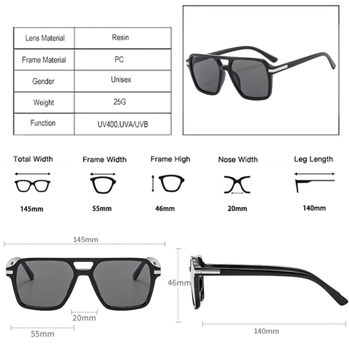 JNPCXI Vintage Double Bridges Square Sunglasses Men Gradient Lens Eyewear Shades Women Trending Sun Glasses UV400