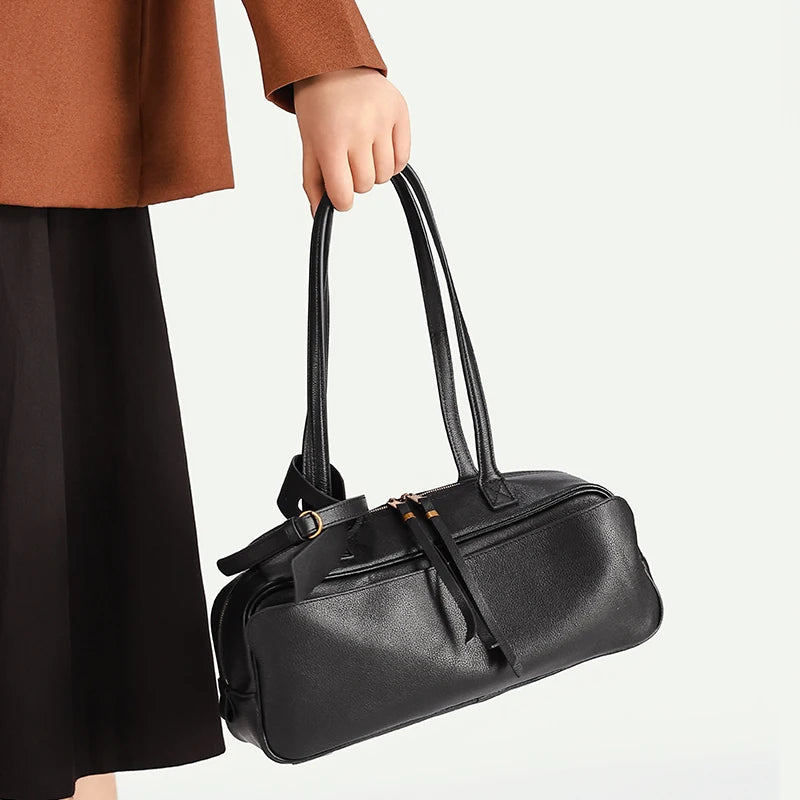 Genuine Leather Tote Bag for Women Large Capacity Cowhide Shoulder Bag Luxury Designer Handbag Female Bowling Underarm Bag