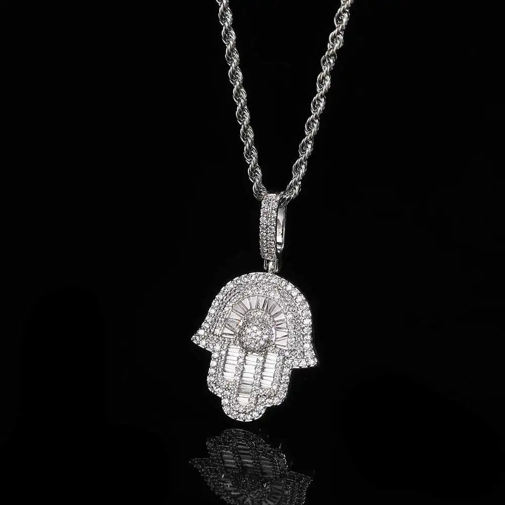 Micro Iced Out Baguette Hamsa Hand Pendant w/ 24" Tennis/Rope Chain Necklaces