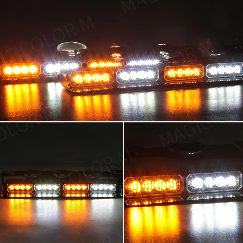 16 LED Car Strobe Light For Emergency Flash Warning Lamp Windshield Bar Red Blue Amber White Waterproof Auto Light Assembly 12V