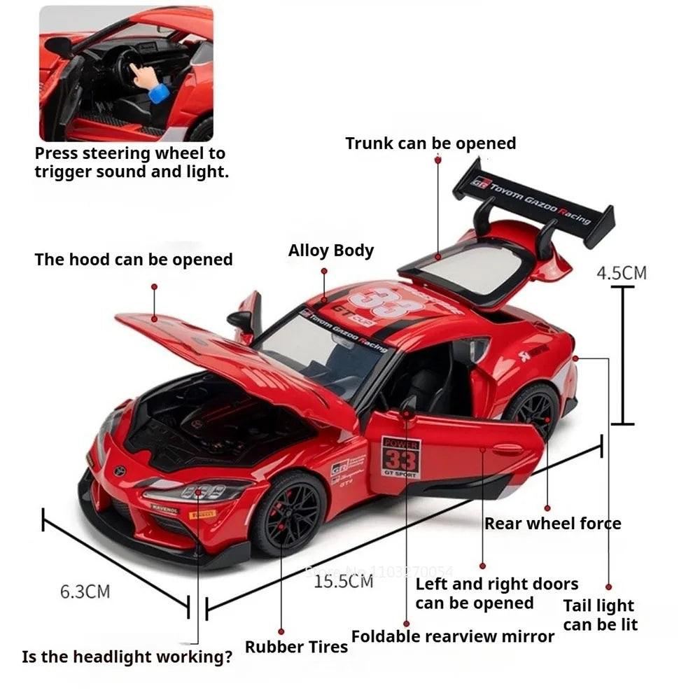 1:32 Scale 911 Targe Supra GT4 Miniature Model Alloy Diecast Toys Car Doors Opened with Sound Light Sportscar Gift That Boy Love