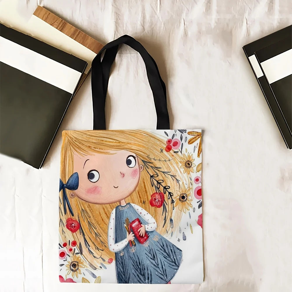 Cartoon Girl Black Cat Print Handbag, Cute Shoulder Bag & Daily Casual Shop Bag