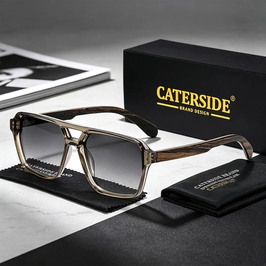 CATERSIDE Retro Men's Pilot Sunglasses Flat Top Double Bridges Design Wooden Spring Hinge Women's Outdoor Travel Driving Glasses