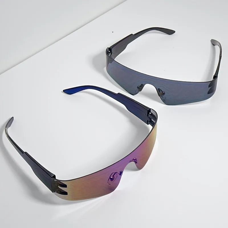 2pcs of Frameless Wrap-Around Glasses for Women Punk Style, Futuristic Tint Y2K Flat Top Iridescent Fashion Glasses for Men