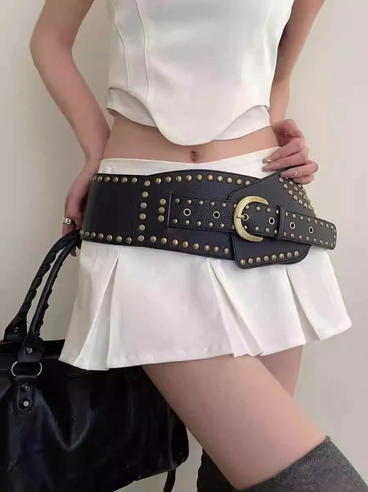Wide Belt For Women With Vintage High-End Fashion Versatile Decoration To Wear With Skirts Rivet Punk Style Waistcoat