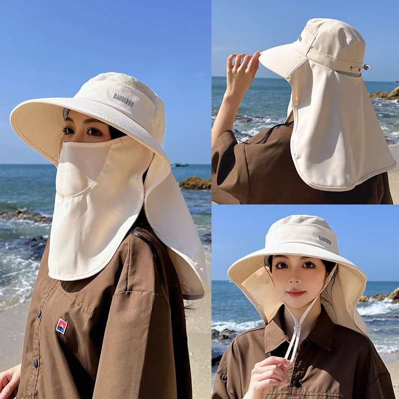 8458 Spring summer Cross border large cape sun block hat fashion face mask fisherman hat with ponytail hole visor hat children