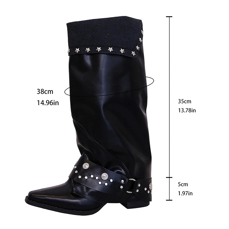 Designer Rivets Pointed Toe Knee High Boots Women Fashion Wide Calf High Heel Shark Boots Woman Plus Size 42 Pu Leather Botas