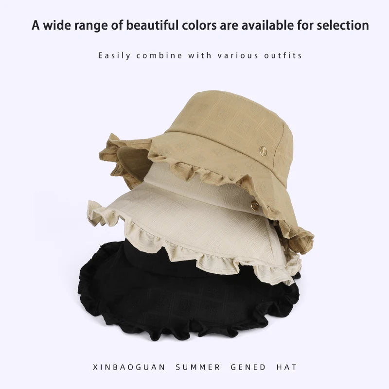 6156-New spring and summer women's outdoor hats, fashionable and versatile sun hats with lace trim and large brim, fishermanhats