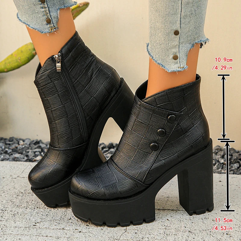 Fashion Black High Heels Ankle Boots Women Plus Size 42 Chunky Platform Short Booties Mujer Pu Leather Thick Heeled Boots Woman