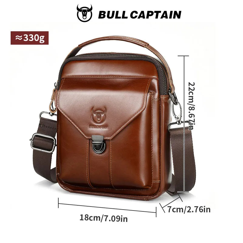 BULLCAPTAIN Men's Genuine Leather Bag Business Casual Shoulder Bag Anti-Theft Lock Fashion Portable Postman Crossbody Bag Brown